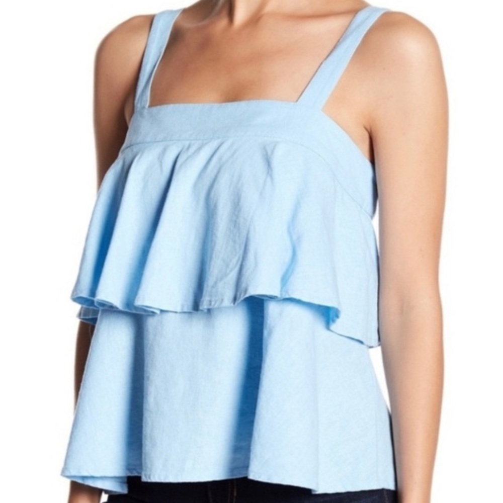 BABY BLUE LINEN BLEND SQUARE NECK TIERED WIDE SHOULDER STRAP SLEEVELESS TOP